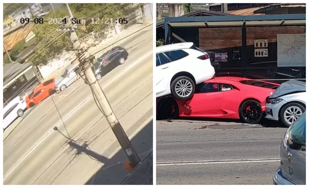 Carambol între patru mașini în Cluj, surprins de o cameră de supraveghere: Lamborghini distrus de un BMW
