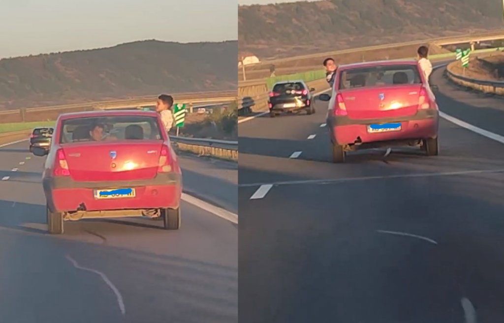 Pericol pe Autostradă în Cluj: Doi copii filmați în timp ce ies pe geamul unei mașini