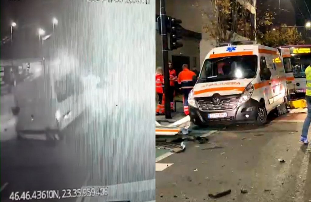 Momentul în care o ambulanță în misiune este spulberată de o mașină în Cluj, surprins de o cameră de bord