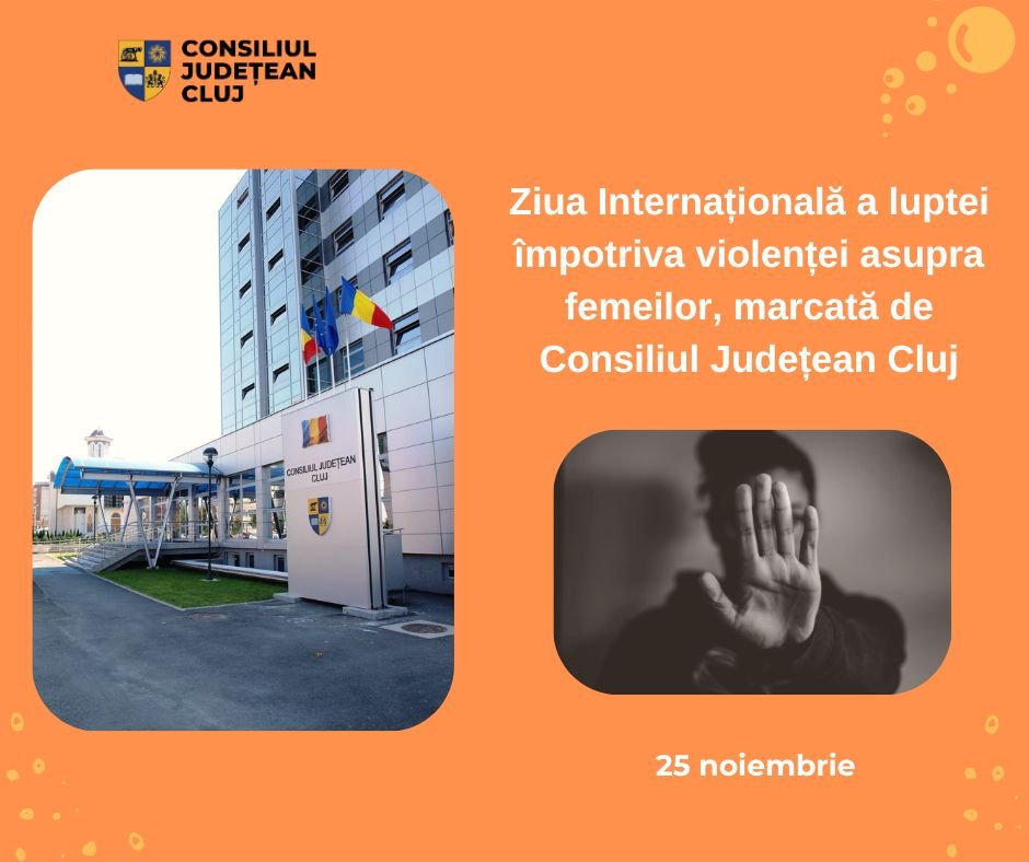 Clădirea Consiliului Județean Cluj, iluminată în portocaliu, de Ziua Internațională a luptei împotriva violenței asupra femeilor