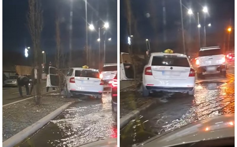"Fântână arteziană" în Florești, după ce un taxi a intrat într-un hidrant. Strada, inundată