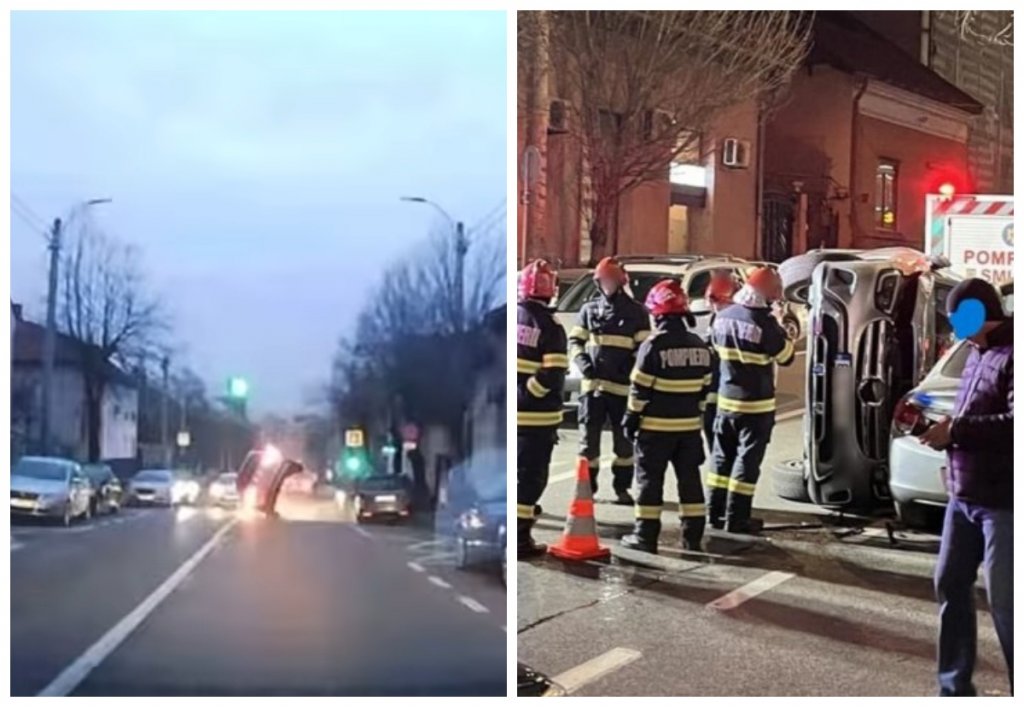 Momentul în care o șoferiță beată a avariat patru mașini și s-a răsturnat în Cluj, surprins de o cameră de bord
