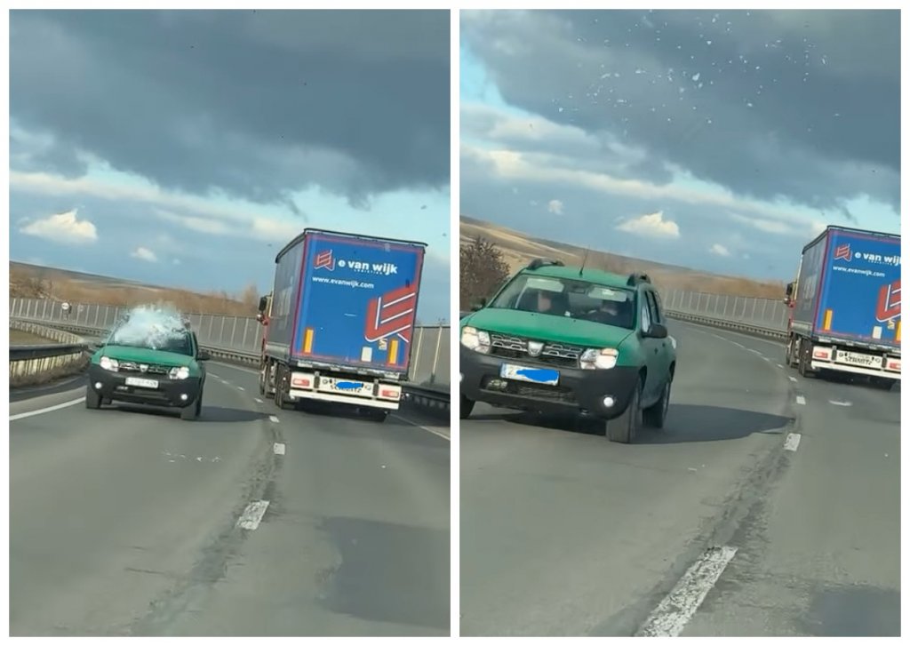 Șoferi în pericol pe centura Apahida-Vâlcele: Bucăți mari de gheață cad de pe un tir și sparg parprizele mașinilor