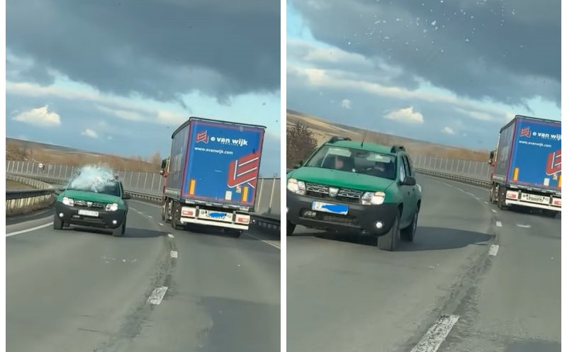 Șoferi în pericol pe centura Apahida-Vâlcele: Bucăți mari de gheață cad de pe un tir și sparg parprizele mașinilor