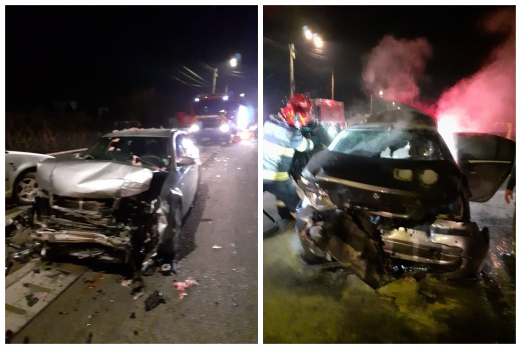 Accident pe un drum din Cluj: Trei mașini implicate, doi răniți și un incendiu