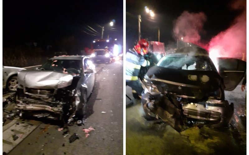Accident pe un drum din Cluj: Trei mașini implicate, doi răniți și un incendiu