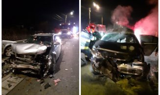 Accident pe un drum din Cluj: Trei mașini implicate, doi răniți și un incendiu