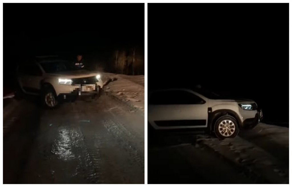 Turiști salvați de jandarmii clujeni după ce au rămas blocați cu mașina pe un drum înghețat
