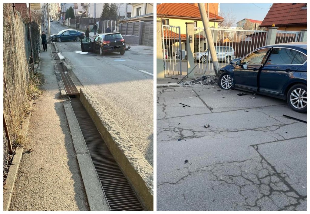 Accident pe o stradă din Cluj-Napoca: Un autoturism a rupt un stâlp de electricitate