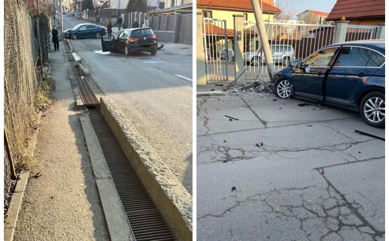 Accident pe o stradă din Cluj-Napoca: Un autoturism a rupt un stâlp de electricitate