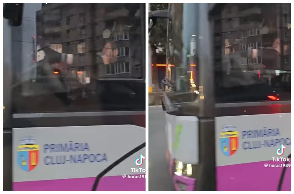 Siguranța rutieră, doar opțională! Șofer de troleibuz din Cluj, surprins în timp ce conduce cu un picior pe bord