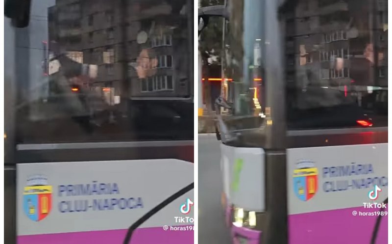 Siguranța rutieră, doar opțională! Șofer de troleibuz din Cluj, surprins în timp ce conduce cu un picior pe bord
