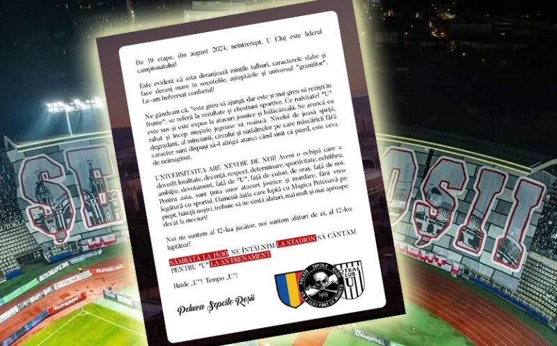 "Noi nu suntem al 12-lea jucător, noi suntem al 12-lea luptător!" / "U" Cluj, de 19 etape, locul 1 în Clasamentul Superligii. Deranj mare în socotelile granzilor