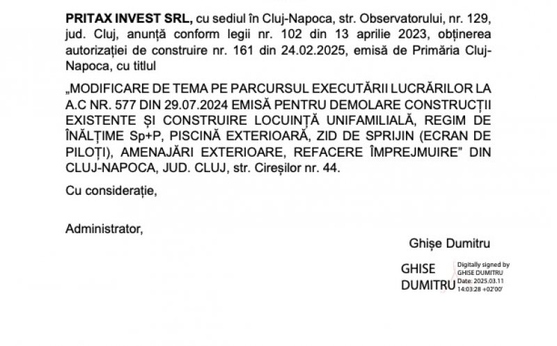 Anunț începere lucrări PRITAX INVEST