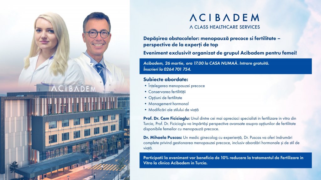 Veste bună pentru femeile care se confruntă cu menopauza precoce! Acibadem aduce la Cluj soluții moderne pentru fertilitate și echilibru hormonal-Eveniment gratuit pentru femei!