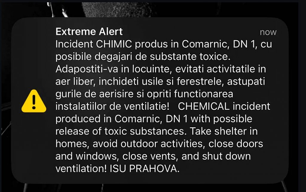Circulaţie OPRITĂ pe DN1, mesaj Ro-Alert şi EVACUĂRI: Scurgeri de acid sulfuric dintr-o cisternă