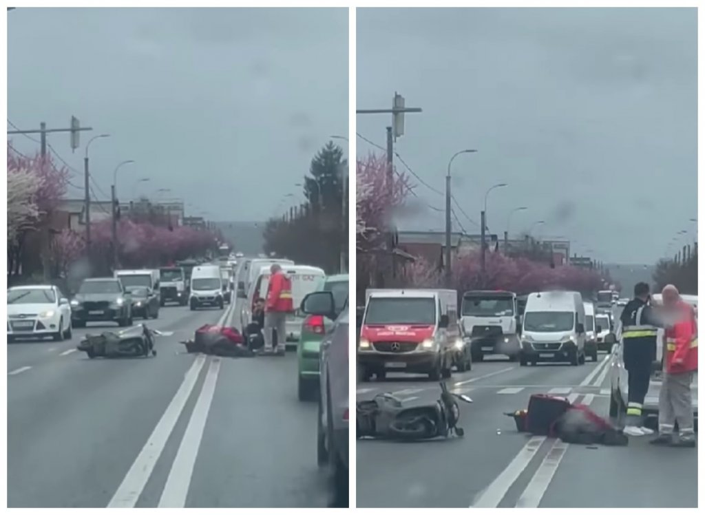 Accident între un livrator pe scuter și o mașină, în Cluj-Napoca. Trafic îngreunat