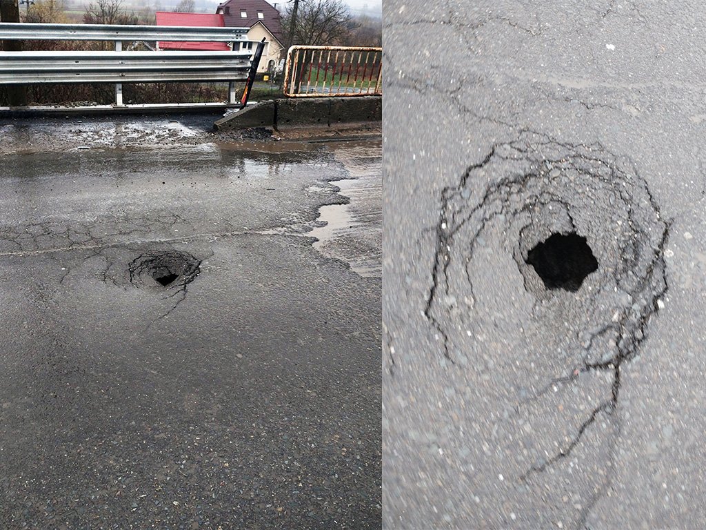 GAURĂ într-un pod din Dej / Pericol pentru circulaţia rutieră