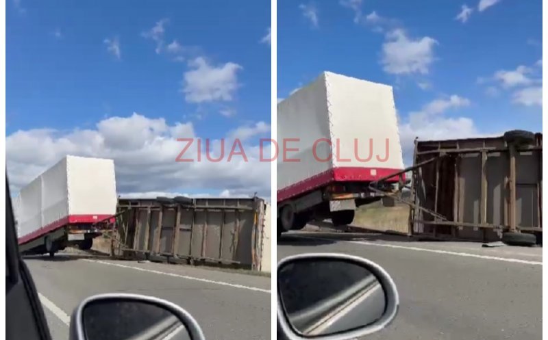 Accident pe centura Apahida–Vâlcele din cauza vântului puternic: Remorca unui camion s-a răsturnat