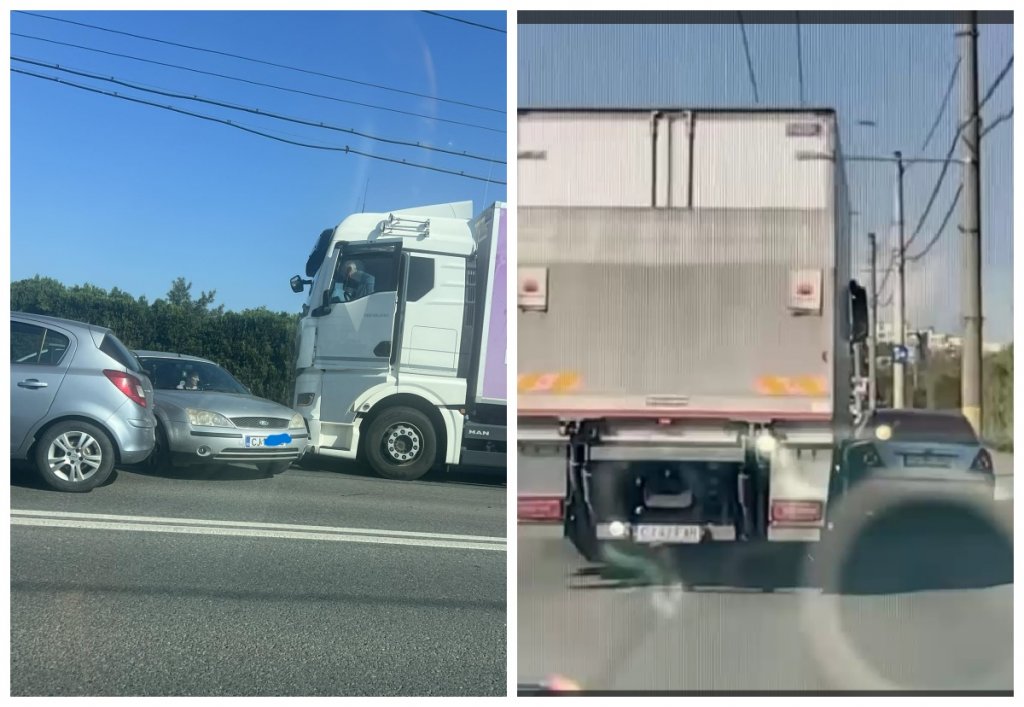 Imagini șocante în Cluj-Napoca: Un TIR a lovit o mașină care circula regulamentar și o împinge până pe trotuar