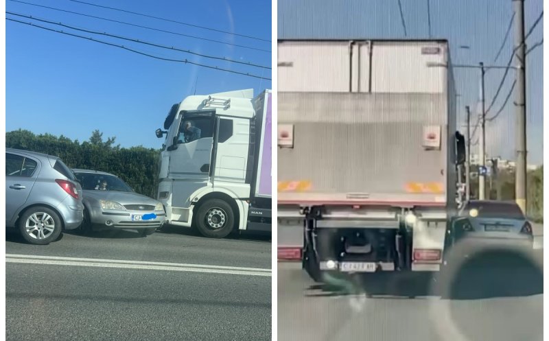 Imagini șocante în Cluj-Napoca: Un TIR a lovit o mașină care circula regulamentar și o împinge până pe trotuar