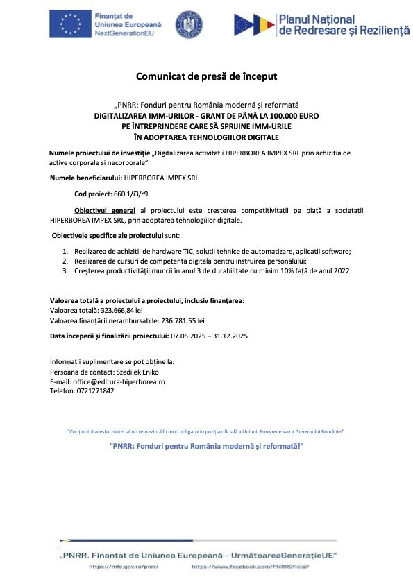 Comunicat de presa - începere de proiect