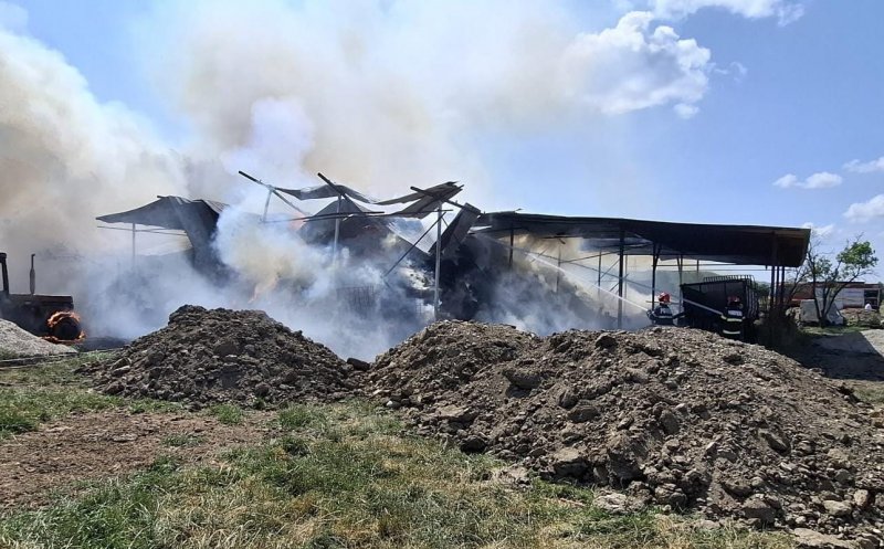 Flăcări puternice într-o gospodărie din Cluj: Au ars mai mulți baloți de fân și un tractor