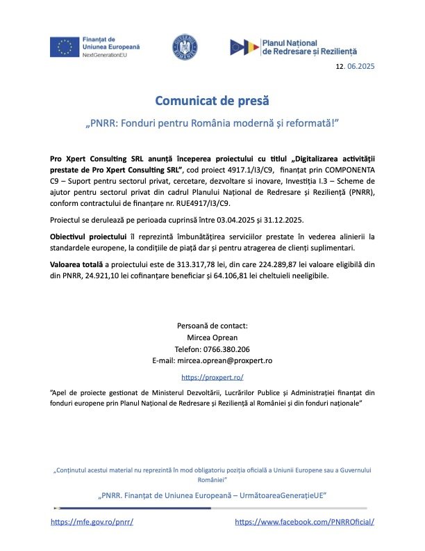 Comunicat Pro Xpert Consulting SRL