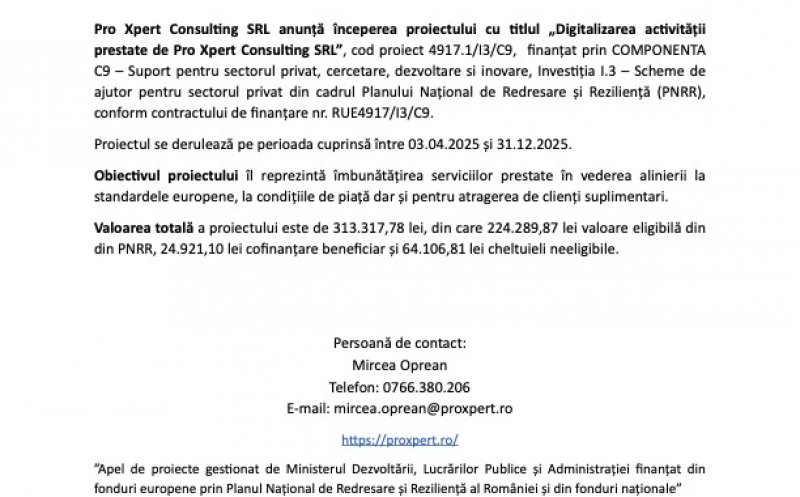 Comunicat Pro Xpert Consulting SRL