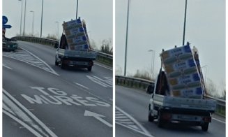 „Turnul din Pisa” de Cluj: imaginea unei autoutilitare încărcate riscant a devenit virală