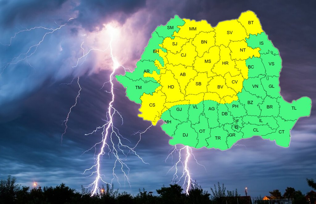 Cod galben de instabilitate atmosferică duminică și luni la Cluj / Averse torențiale, descărcări electrice, vijelii