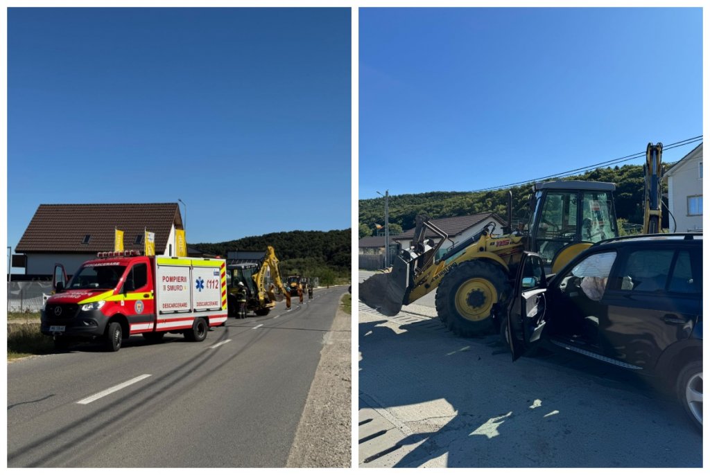 Accident în Cluj între o mașină și un buldoexcavator. O victimă primește îngrijiri medicale
