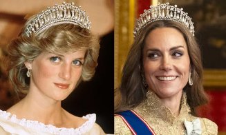 Tiara purtată de Kate Middleton la cina de stat cu Donald Trump, de la Palatul Windsor, moștenită de la prințesa Diana. Singura tiară regală pe care Lady Di a purtat-o în viață