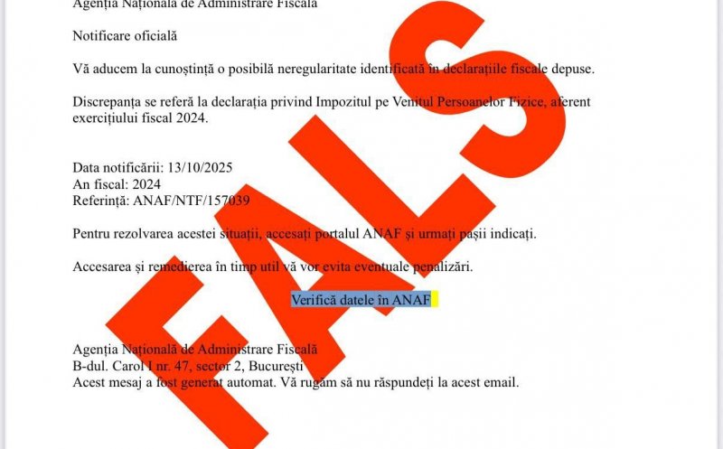 Atenție! Emailuri înșelătoare în numele ANAF. "NU accesați linkurile primite de la ion@impal"