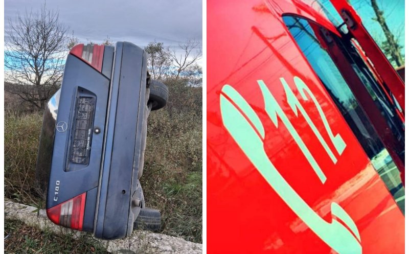 Mașină răsturnată pe un drum din Cluj. O victimă a fost transportată de urgență la spital
