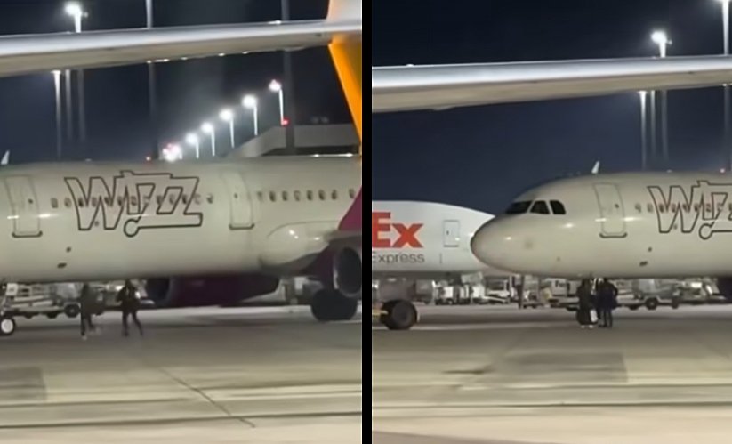 Români, alergând pe pistă după ce au pierdut cursa Wizz Air. Au spart și geamul unei ieșiri de urgență: ”Cât de prost trebuie să fii să faci asta...”