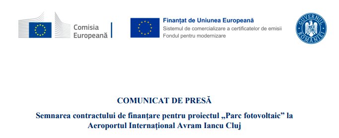 COMUNICAT DE PRESĂ: Semnarea contractului de finanțare pentru proiectul ,,Parc fotovoltaic” la Aeroportul Internațional Avram Iancu Cluj