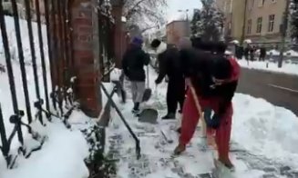Gest de excepție. Handbaliștii de la "U" Cluj curăță zăpada din oraș