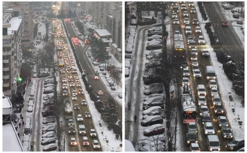 Ninsoarea dă peste cap traficul din Cluj-Napoca: mașini blocate, trotuare impracticabile și pietoni pe carosabil