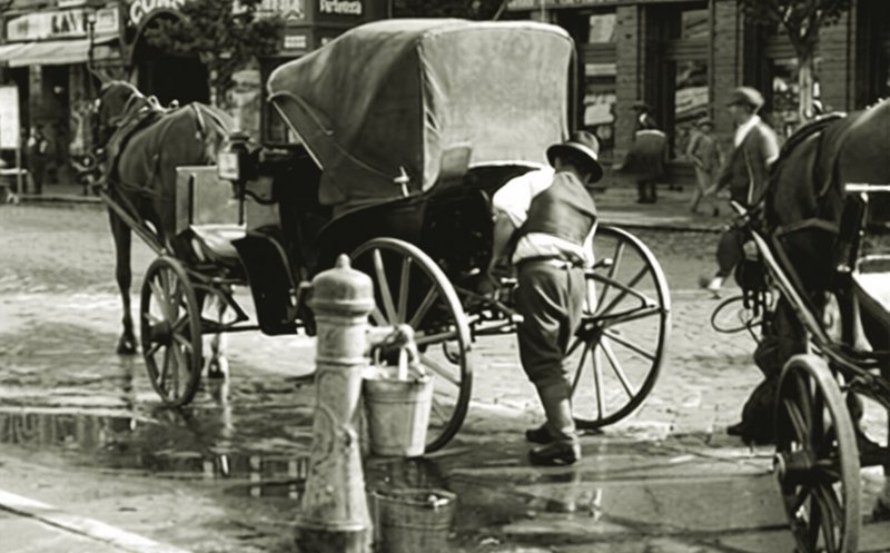 Birjar spălându-și birja în Clujul Interbelic