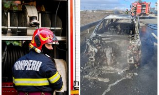 Intervenție dramatică a pompierilor clujeni pe DN1: un autoturism a luat foc