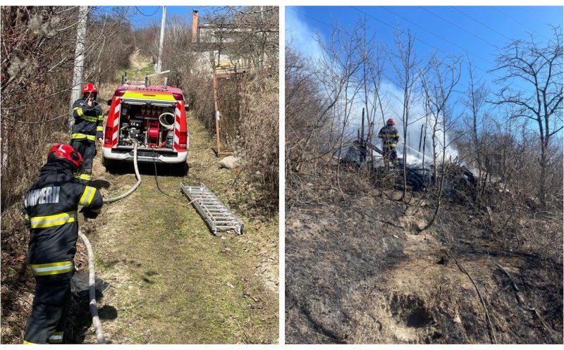 Incendiu puternic la o cabană din Cluj-Napoca. Flăcările s-au extins și la vegetația uscată