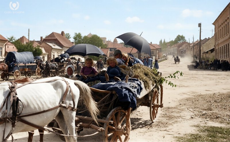 Refugiați secui intrând în Cluj pe Calea Turzii, la începutul Primului Război Mondial, 1916