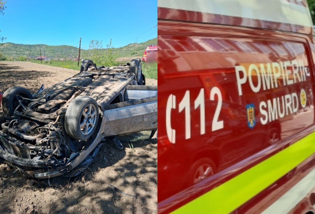 Mașină răsturnată pe un drum din Cluj. A intervenit o autospecială cu modul de descarcerare