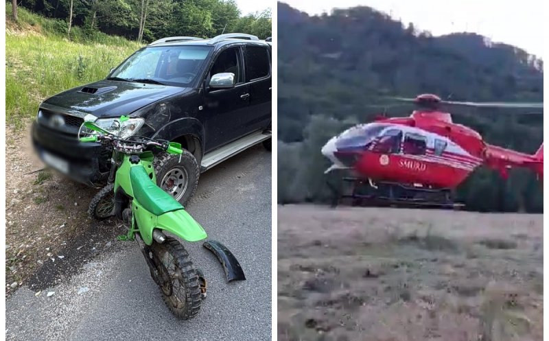 Detalii șocante despre accidentul de la Muntele Rece, Cluj: copil de 13 ani, intubat și preluat de elicopterul SMURD după ce s-a izbit cu motocicleta de o mașină