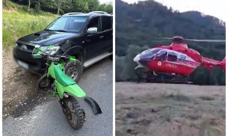 Detalii șocante despre accidentul de la Muntele Rece, Cluj: copil de 13 ani, intubat și preluat de elicopterul SMURD după ce s-a izbit cu motocicleta de o mașină