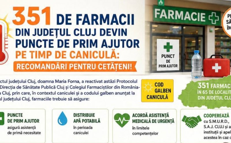 Peste 350 de farmacii din județul Cluj devin puncte de prim ajutor pe timp de caniculă