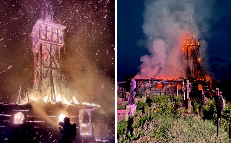 Incendiu violent la o biserică de lemn din Maramureș. Flăcările au cuprins și turla de 25 de metri / Cauza probabilă, un fulger
