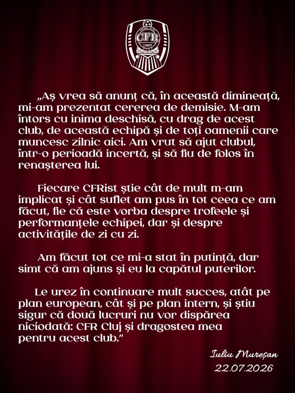 Oficial. Iuliu Mureșan și-a anunțat plecarea de la CFR Cluj