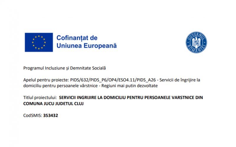 COMUNICAT DE PRESĂ: Lansarea proiectului – SERVICII INGRIJIRE LA DOMICILIU PENTRU PERSOANELE VARSTNICE DIN COMUNA JUCU JUDETUL CLUJ